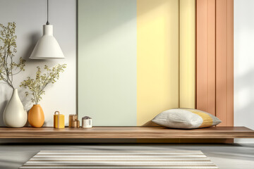 Modern interior design with pastel colors and minimalist decor in a contemporary space