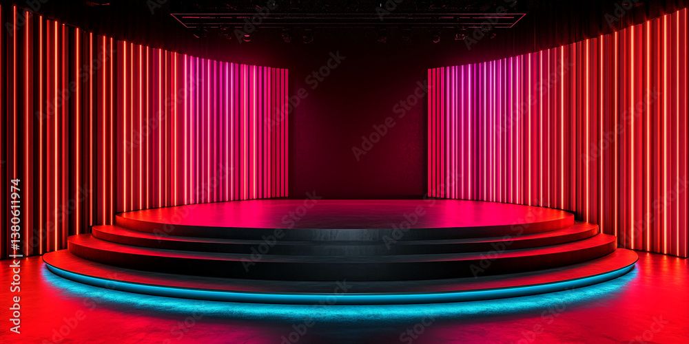 Poster circular stage with three steps, illuminated by red and blue neon lights, set against a backdrop of 