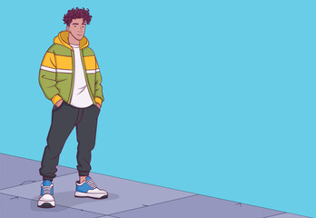 Cartoon young boy. Teenager black man standing.