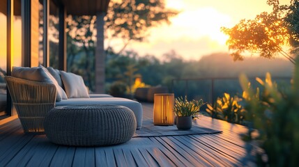 Sunset patio relaxation, deck furniture, serene view