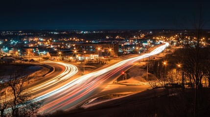 Vibrant city nightscape with mesmerizing light trails from passing vehicles