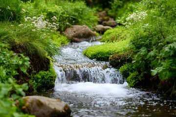 Fototapeta premium A small stream flowing through lush green vegetation with rocks and white flowers in the background