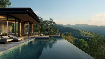 Modern House with Infinity Pool Overlooking Lush Mountains at Sunset