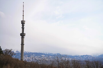 Obraz premium Kok Tobe TV tower on a hill with different vegetation. Early spring.