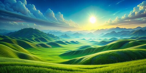Obraz premium Surreal Vibrant Green Field Landscape, Clear Sky, Dreamlike Nature Photography
