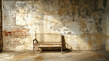 Old bench in a dilapidated room with sunlight illuminating a peeling wall.