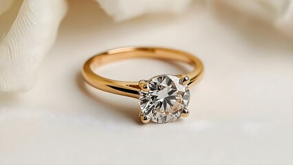 A gold engagement ring featuring a large round diamond, shimmering against a soft background. Concept Gold Engagement Ring, Round Diamond, Elegant Jewelry, Soft Background, Romantic Photography