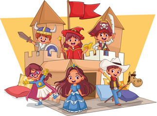 Cartoon children playing in cardboard castle. Children in costumes.