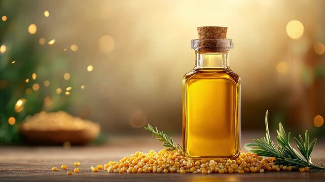 Aromatic mustard oil with seeds and herbs on wooden table