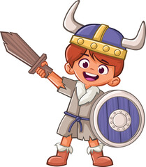 Cartoon vikings warrior. Vikings boy with sword.