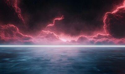 A scene of pink clouds over a reflective surface with a bright horizon line and dark sky above them