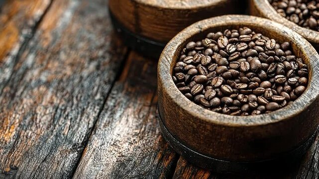 Close-up of roasted coffee beans in wooden bowls