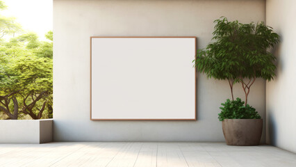 Minimalist art gallery interior with large blank canvas and lush green plant