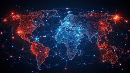 A digital representation of a world map connected by vibrant networks of red and blue lines, symbolizing global connectivity.