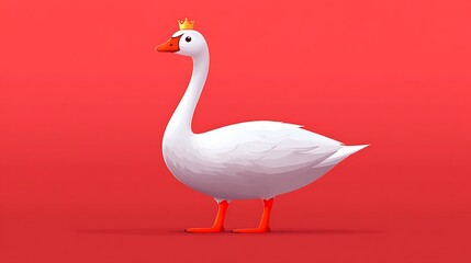 Fototapeta premium Cartoon goose with crown, vibrant red background, digital art, possible use in children's book