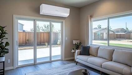 Fototapeta premium Modern Home Interior Design: Wall-Mounted Air Conditioner Cools Living Room with Patio View