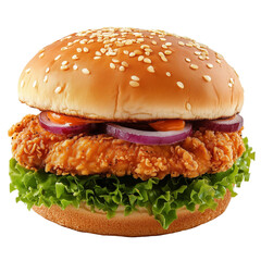 Crispy fried chicken burger with lettuce and onion isolated on white and transparent background