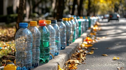 Fototapeta premium Discarded Plastic Bottles Line a City Street in Autumn