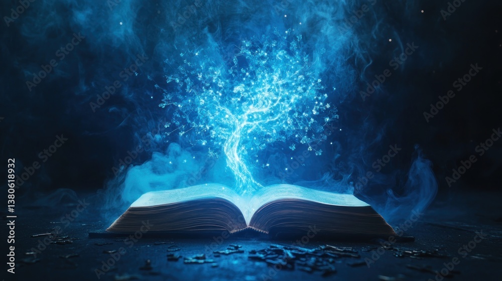 Poster open book with glowing blue magical tree emerging from its pages, set against a dark smoky backgroun