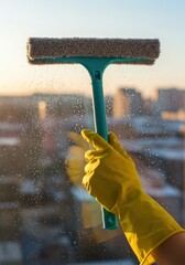 Close-up of a gloved hand cleaning a window with a squeegee at sunset.