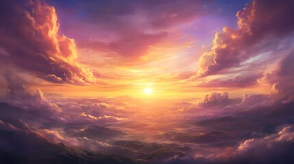 Fototapeta premium A vibrant sunset sky filled with pink and orange clouds and a bright sun shining through the horizon