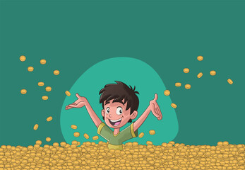 Happy cartoon boy with arms up on pool of gold coins. Teenager boy trowing treasure coins into the air.