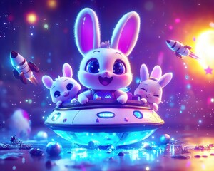 Fototapeta premium A whimsical scene featuring cute, cartoonish rabbits joyfully exploring space in a colorful UFO, surrounded by vibrant stars and playful rockets.