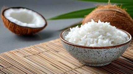 Fresh Coconut Chunks and Grated Coconut Placed in a Bowl Surrounded by Natural Elements and Textures for Cooking