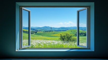 Open window reveals idyllic green hills, wildflowers, and a distant wind turbine under a bright blue sky.
