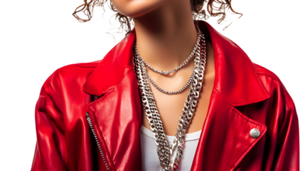 Fashionable Woman in Red Jacket and Necklaces Standing on White Background