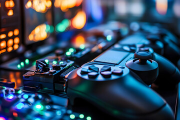 Detailed shot of a gaming controller with blurred background lights