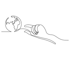 Continuous one line drawing of hand holding Earth. Single line drawing illustration of hand with Earth globe. Green energy concept vector art. Doodle line illustration.