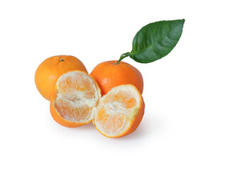 Orange fruit with leaves and half on the white background.