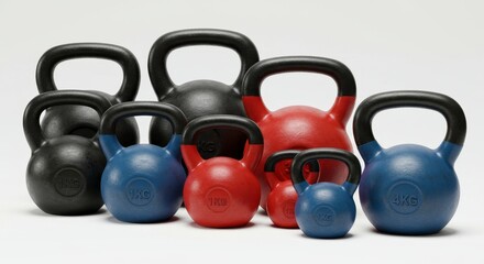 Kettlebell Collection: Weights for Fitness Training - A variety of kettlebells in red and blue, showcasing different weights for fitness and strength training. Strength, fitness, exercise, workout