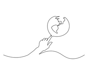 Continuous one line drawing of hand holding Earth. Single line drawing illustration of hand with Earth globe. Green energy concept vector art. Doodle line illustration.
