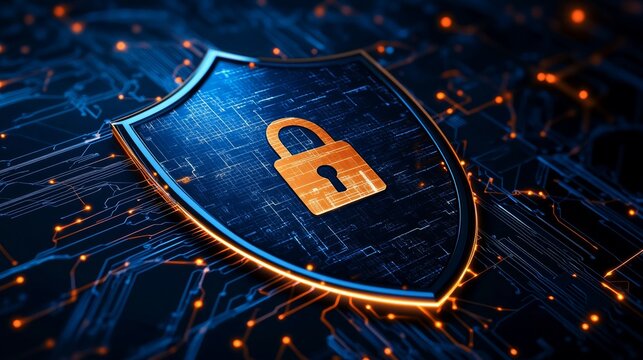 A shield with a digital padlock, representing cyber insurance protection against data breaches,