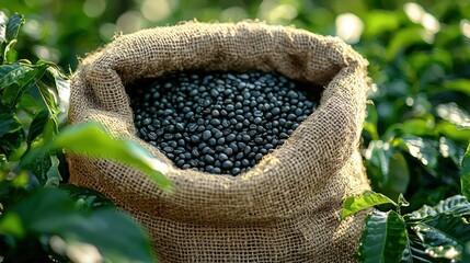 Fototapeta premium Freshly Harvested Coffee Beans in Burlap Sack