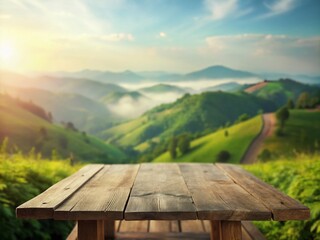 Tilt-Shift Wooden Table Overlooking Rolling Green Hills - Idyllic Landscape Stock Photo