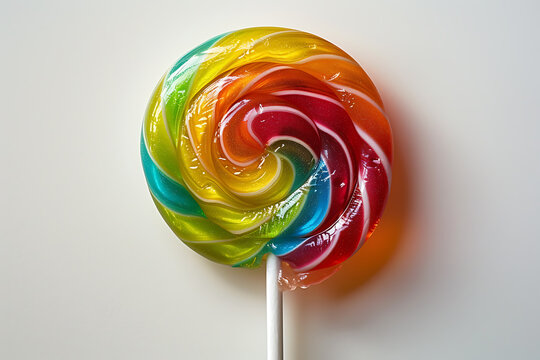 candy photography, a colorful, glossy lollipop on a mm white plastic stick, with a mm diameter, swirling rainbow pattern, on a white background