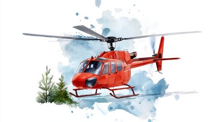 Vibrant Red Helicopter in Motion Above Blue Watercolor Splash with Trees in Background for Aviation or Travel Themes