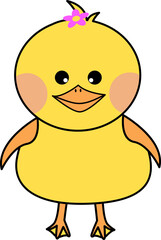 꽃을 달고 웃음짓는 노란색 아기 오리