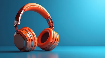 Naklejka premium Orange headphones on a blue background.