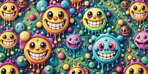 Trippy Melting Smile Faces Geometry Pattern: Psychedelic Acid Techno Wallpaper