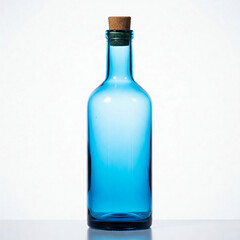 Blue glass bottle with cork stopper on white background, showcasing a clean and simple design, ideal for product displays or minimalist concepts