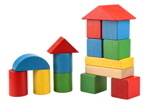 A set of colorful wooden building blocks in various shapes and sizes, stacked into a playful tower. The smooth wooden texture and bright primary colors (red, blue, green, yellow) make the blocks visua