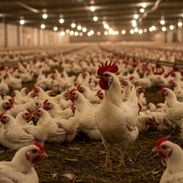 White broiler chicken standing in modern poultry house. Ground is covered in straw, rows of chickens on blurred background. For commercial poultry farming, rural agriculture and food production.