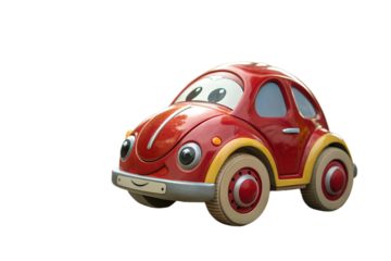 A small, colorful toy car with a rounded shape, glossy finish, and cartoonish design. It has large, friendly-looking wheels, a shiny metallic body, and smooth curves. The bright red color makes it eye