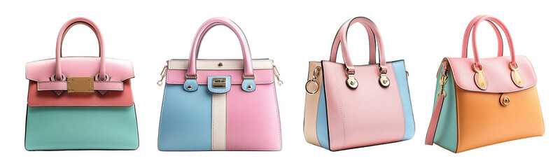 Set of stylish color block handbags featuring various shapes and designs isolated on transparent background, Cutout PNG