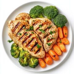 Grilled chicken breast with roasted vegetables.  A healthy and delicious meal featuring protein-rich chicken breast, paired with nutritious broccoli and carrots.  Perfect for a balanced diet