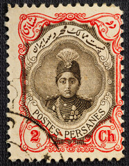 PERSIA - CIRCCA 1922: Cancelled postage stamp printed by Persia, that shows Ahmad Shah Qajar in an ornament frame, circa 1922.